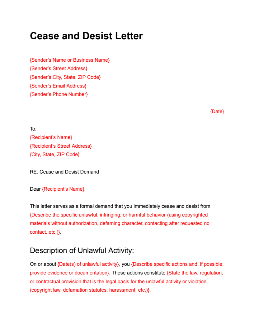cease and desist letter template cease and desist letter template