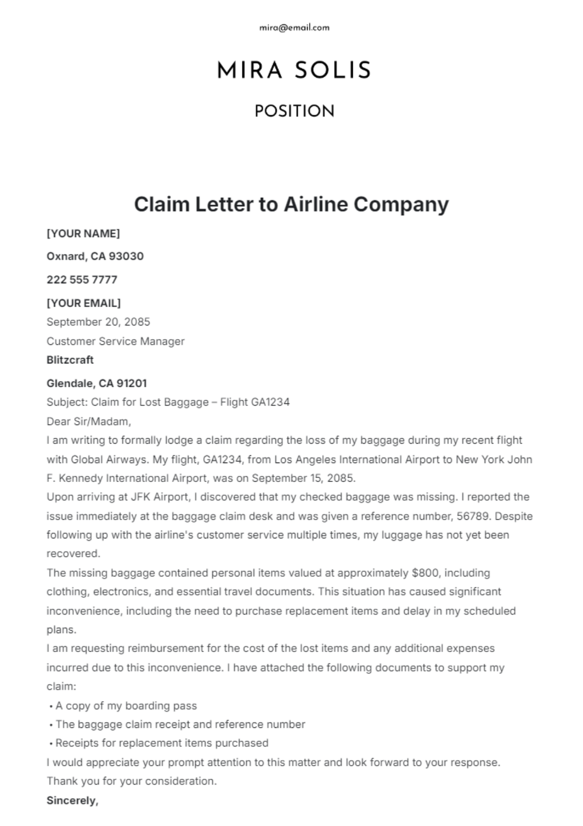 Free Claim Letter To Airline Company Template To Edit Online Free Claim Letter To Airline Company Template To Edit Online