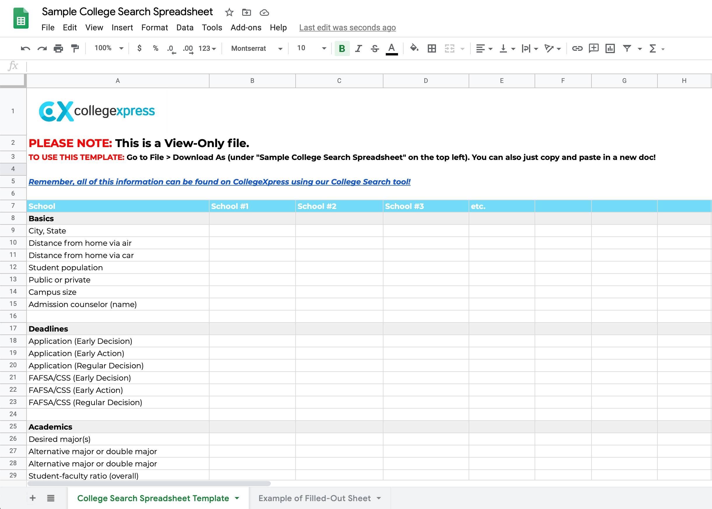 Free College Search Spreadsheet Track Compare Schools CollegeXpress