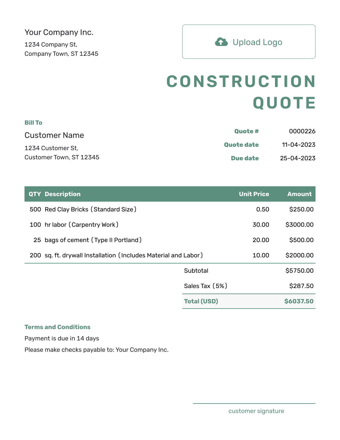 Free Construction Quote Template Docelf