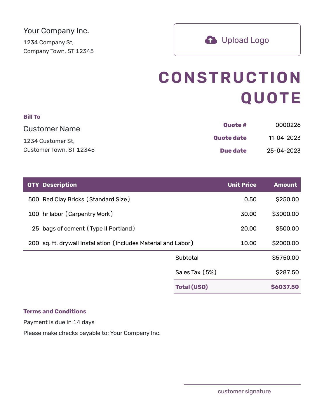 Free Construction Quote Template Docelf