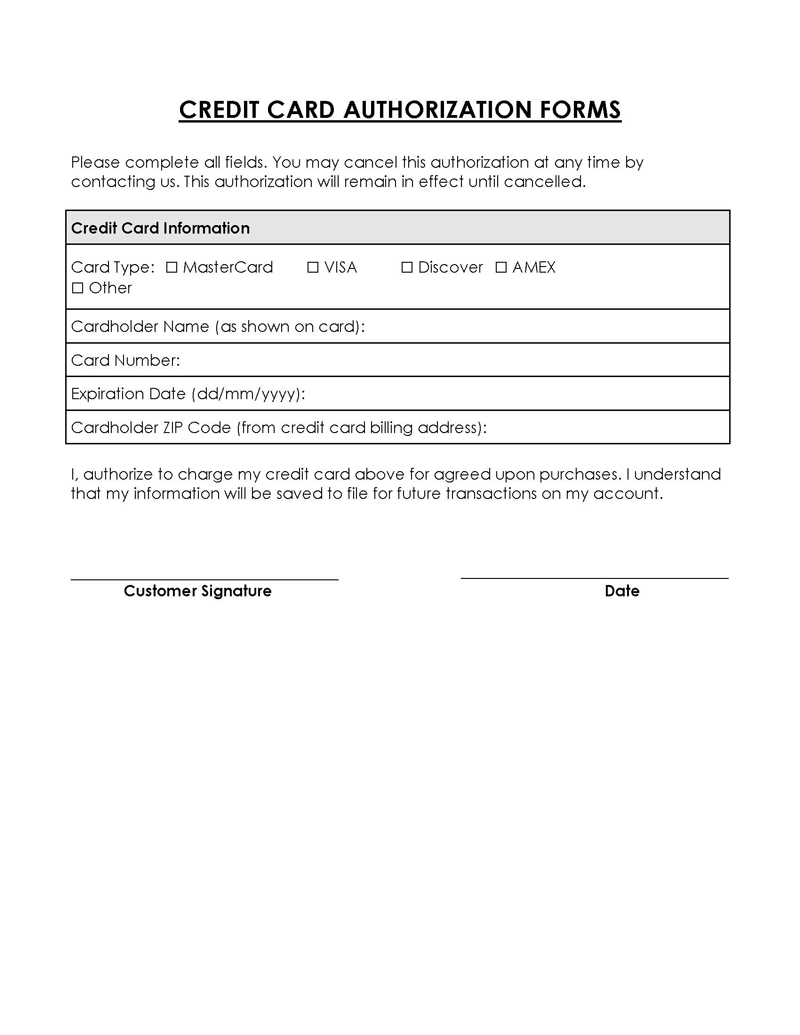 Free Credit Card Authorization Form Templates Word PDF 