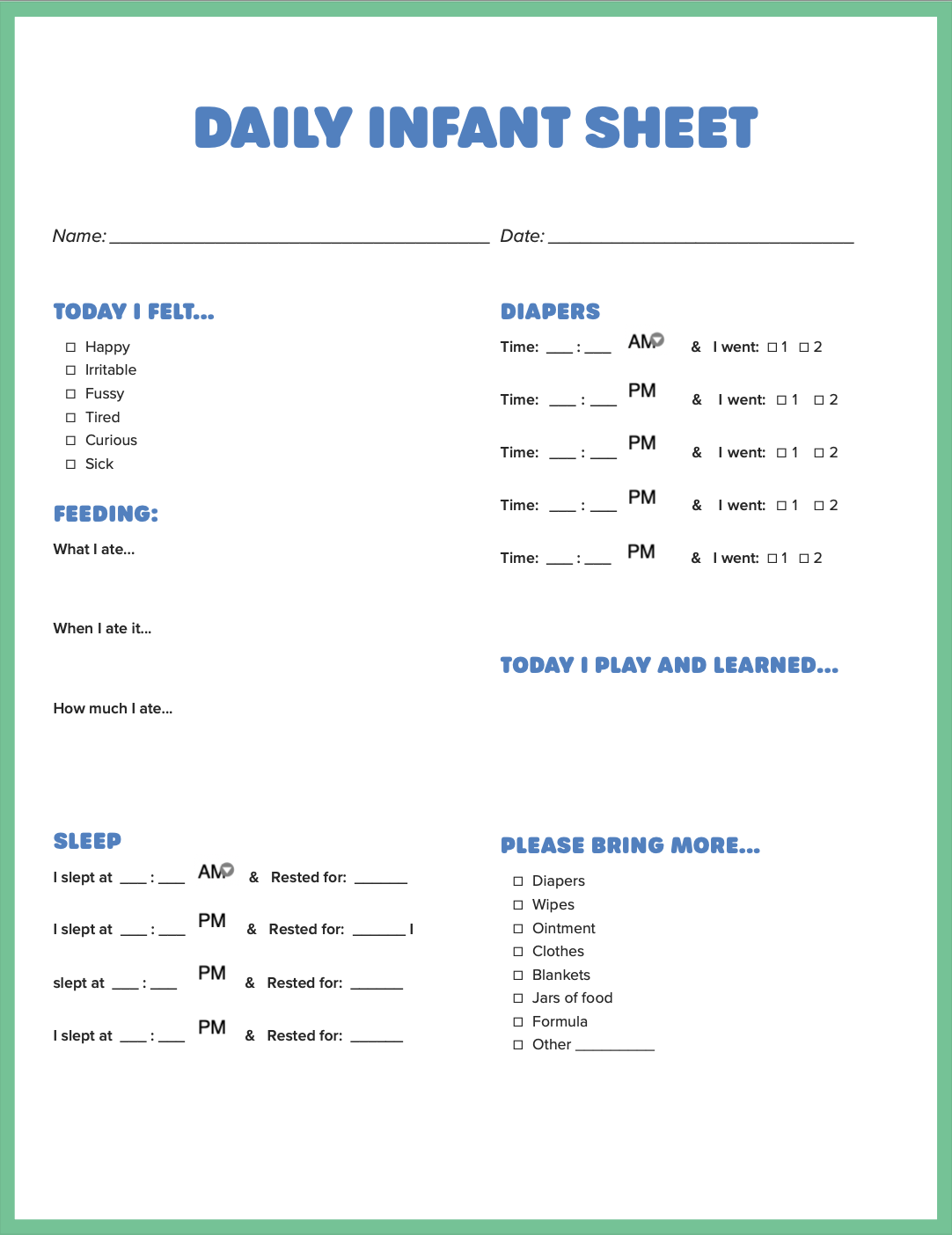 daily report template for infants