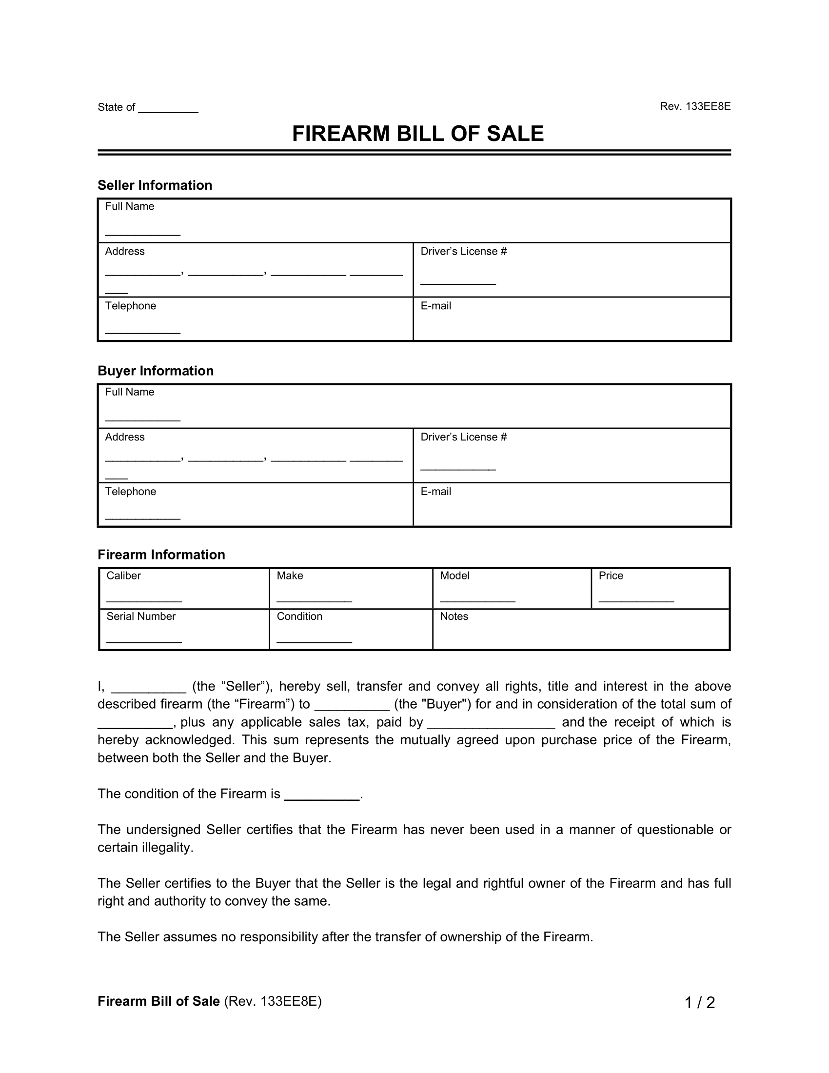 Free Firearm Gun Bill Of Sale Form Legal Templates