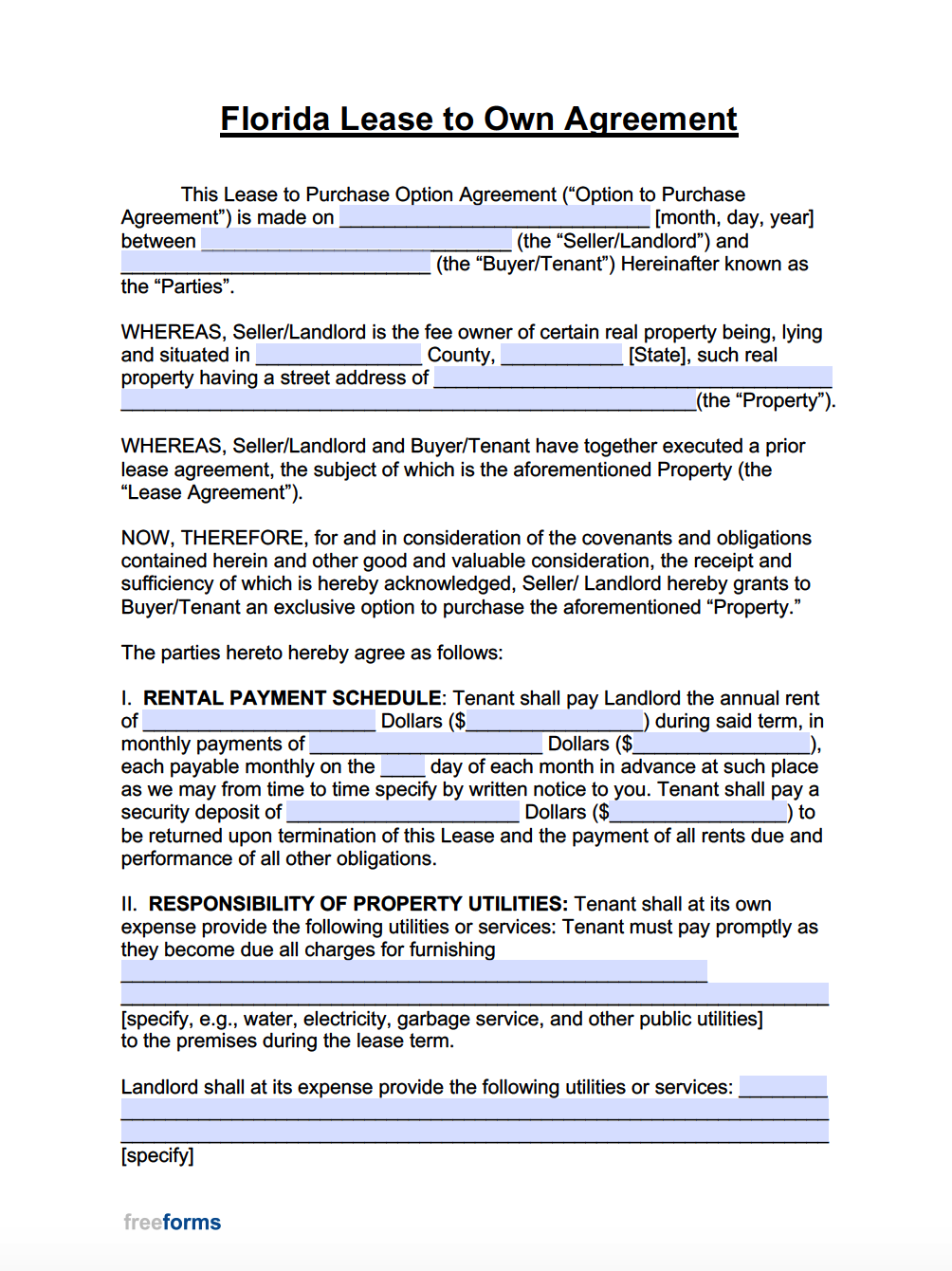 Free Florida Lease To Own Agreement Form PDF Word