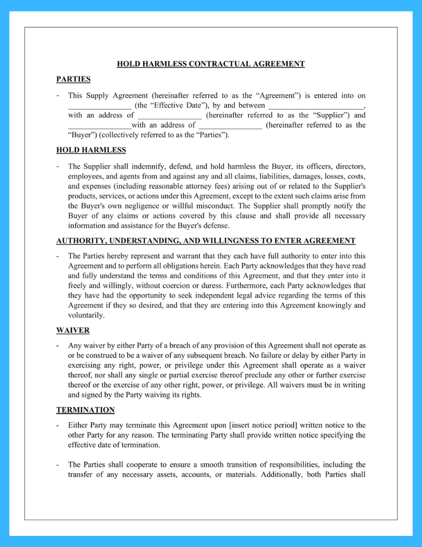 hold harmless agreement template