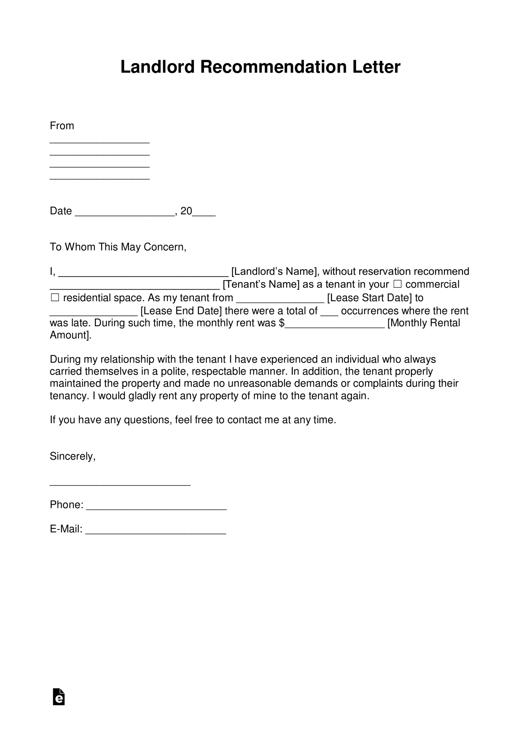 Free Landlord Recommendation Letter for A Tenant With Samples PDF Word EForms