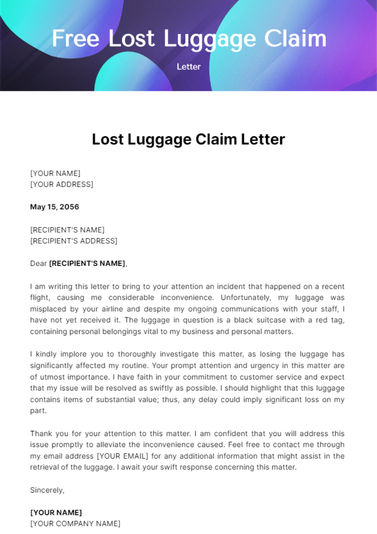 Free Lost Luggage Claim Letter Template To Edit Online Free Lost Luggage Claim Letter Template To Edit Online