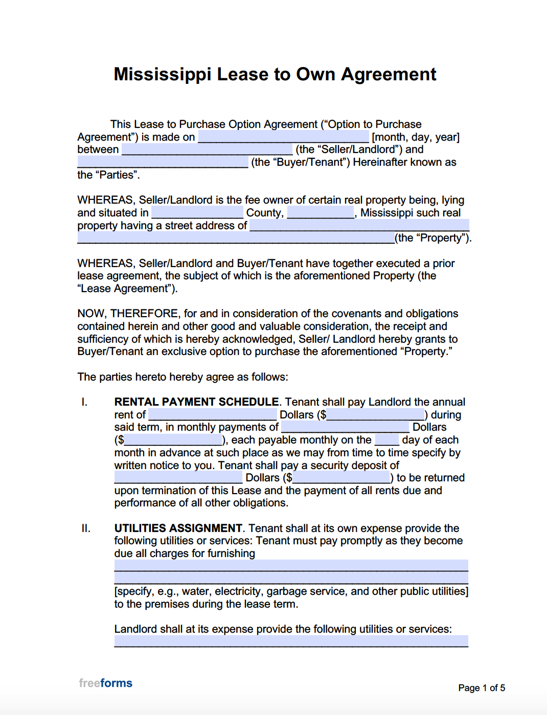 Free Mississippi Rent To Own Agreement Form PDF Word