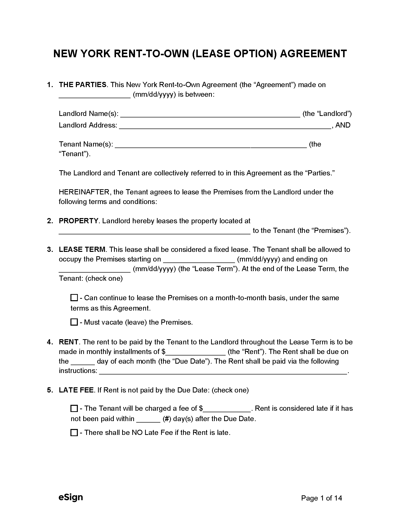 Free New York Rent to Own Lease Option Agreement PDF