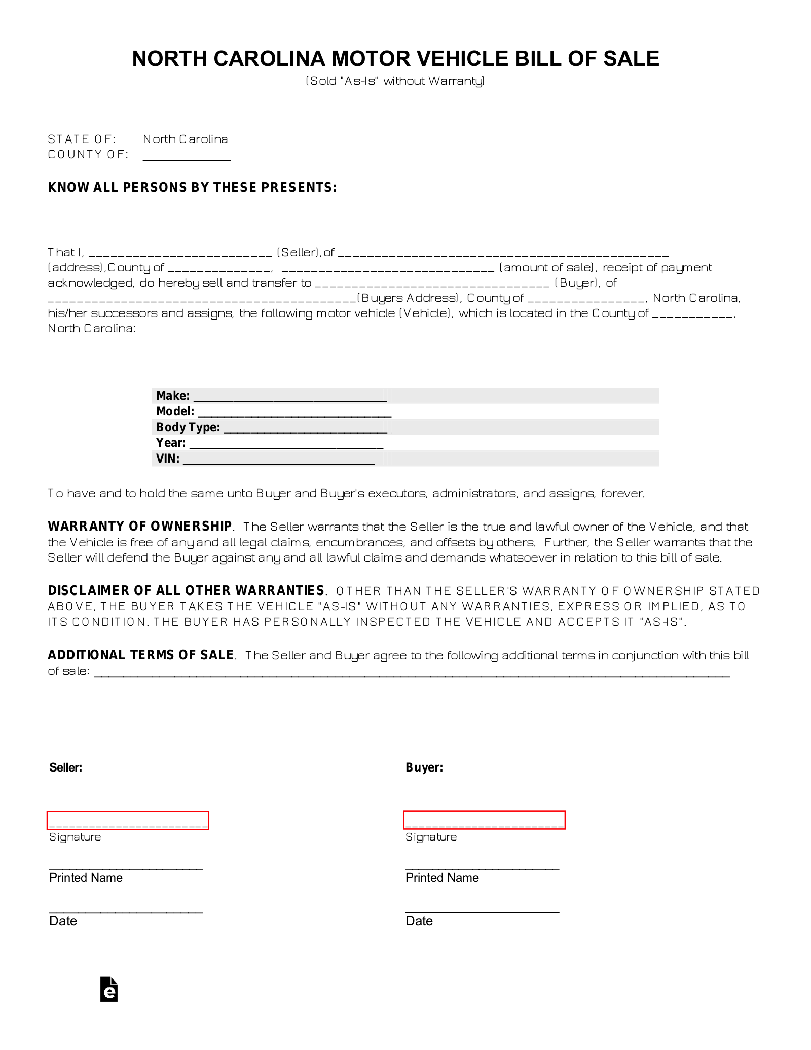 Free North Carolina Bill Of Sale Forms 4 PDF EForms