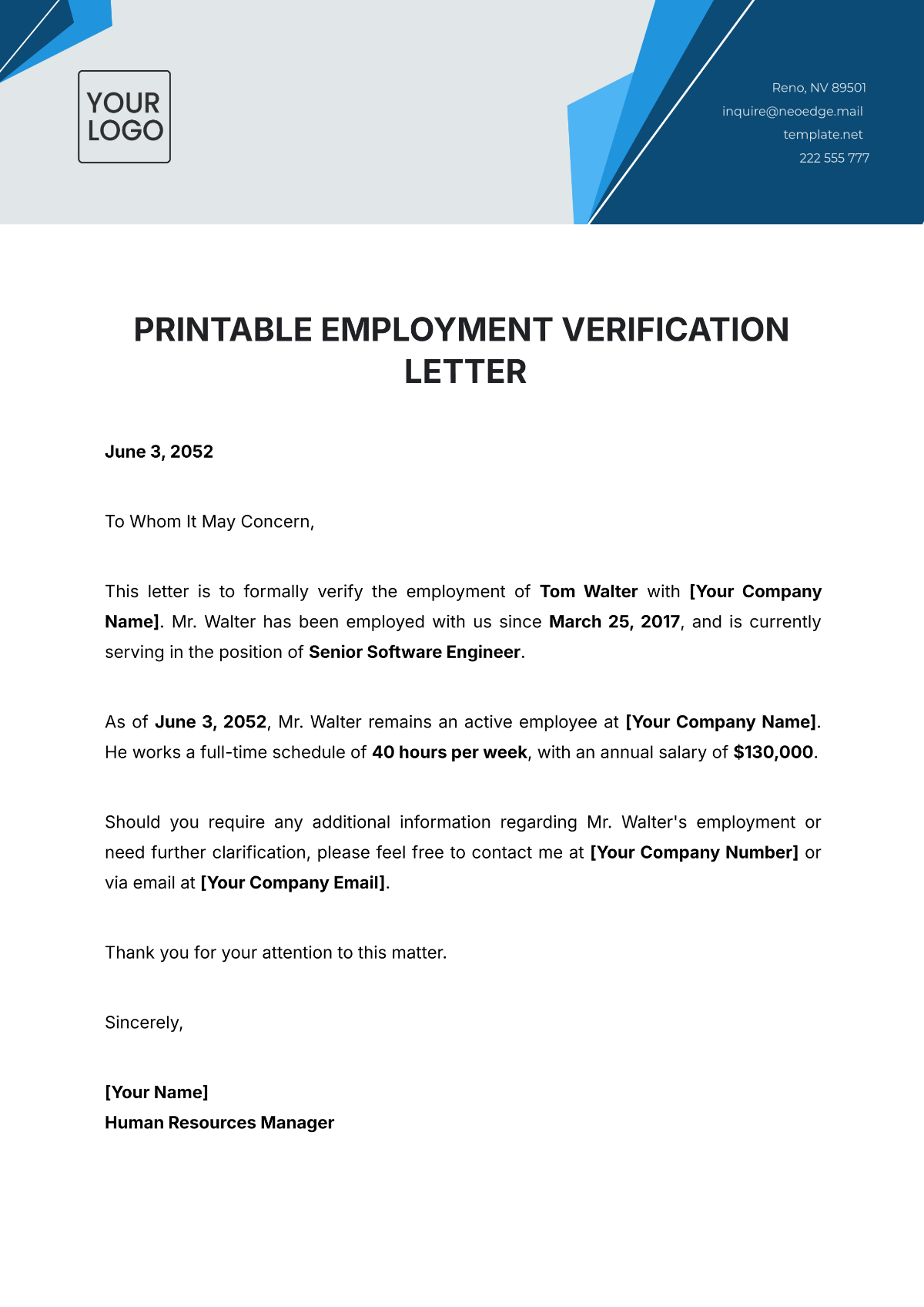 Free Printable Employment Verification Letter Template To Edit Online