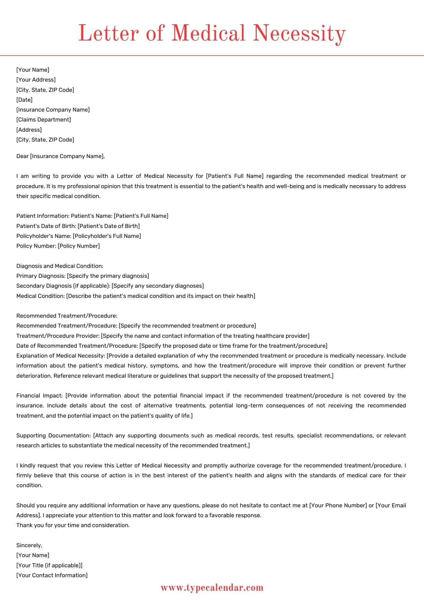 Free Printable Letter Of Medical Necessity Templates PDF Word