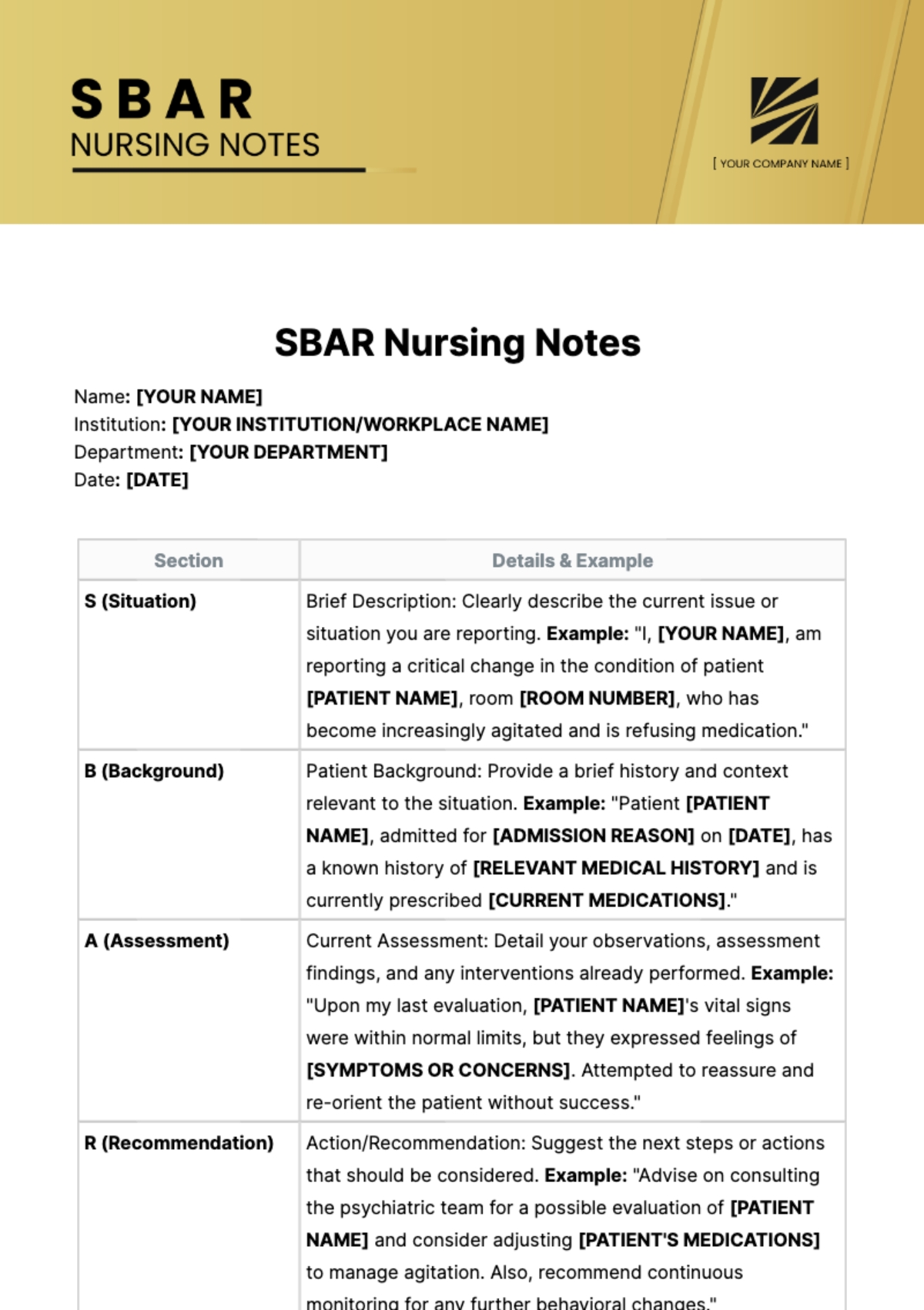 Free SBAR Nursing Notes Template To Edit Online
