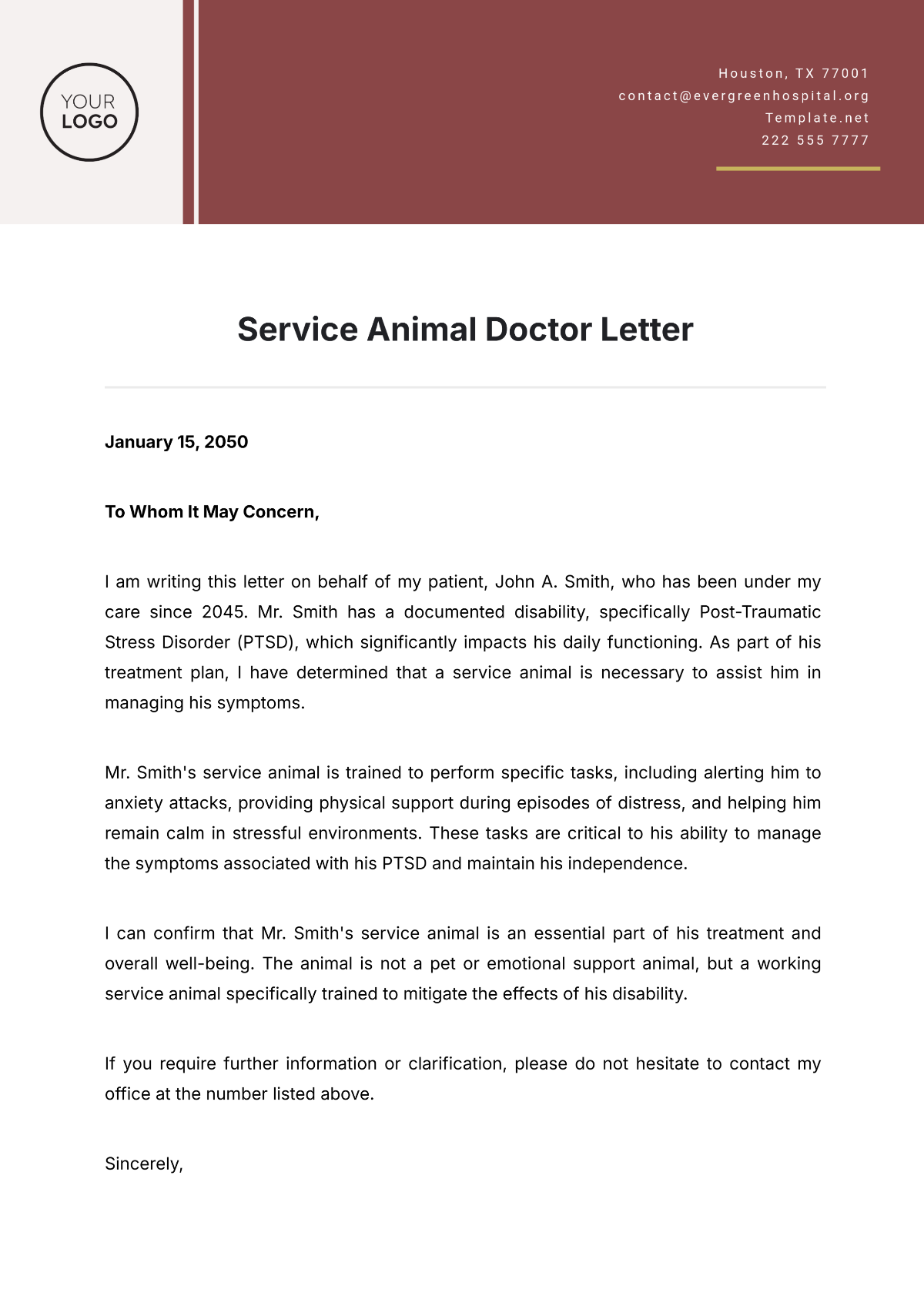 Free Service Animal Doctor Letter Template To Edit Online