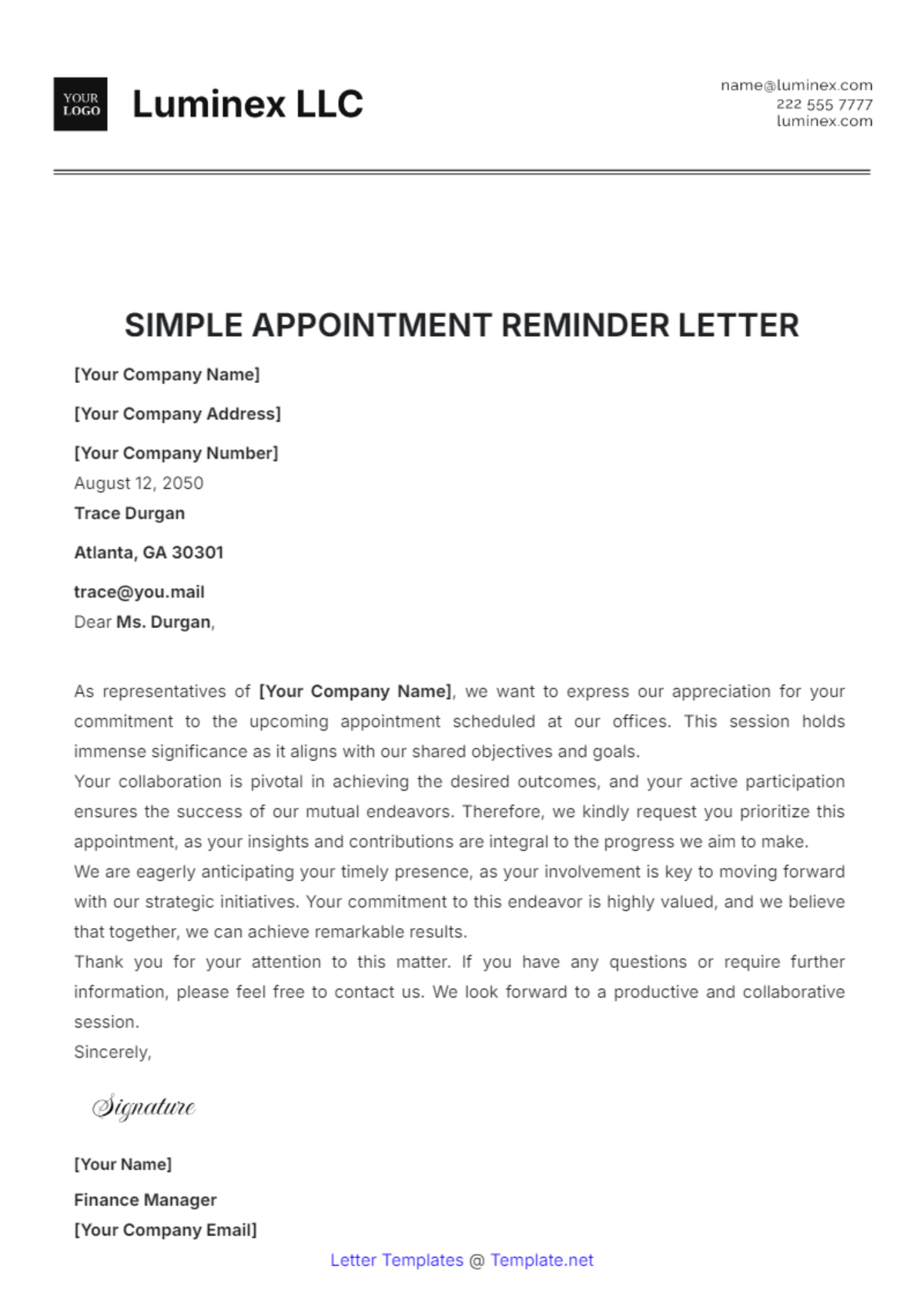 Free Simple Appointment Reminder Letter Template To Edit Online