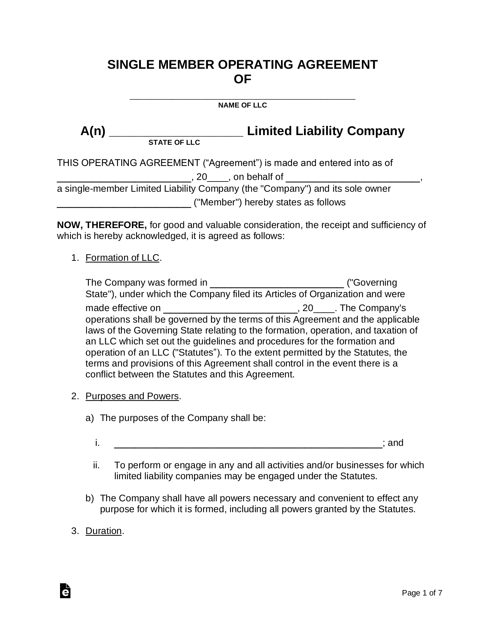 Free Single Member LLC Operating Agreement Template PDF Word EForms