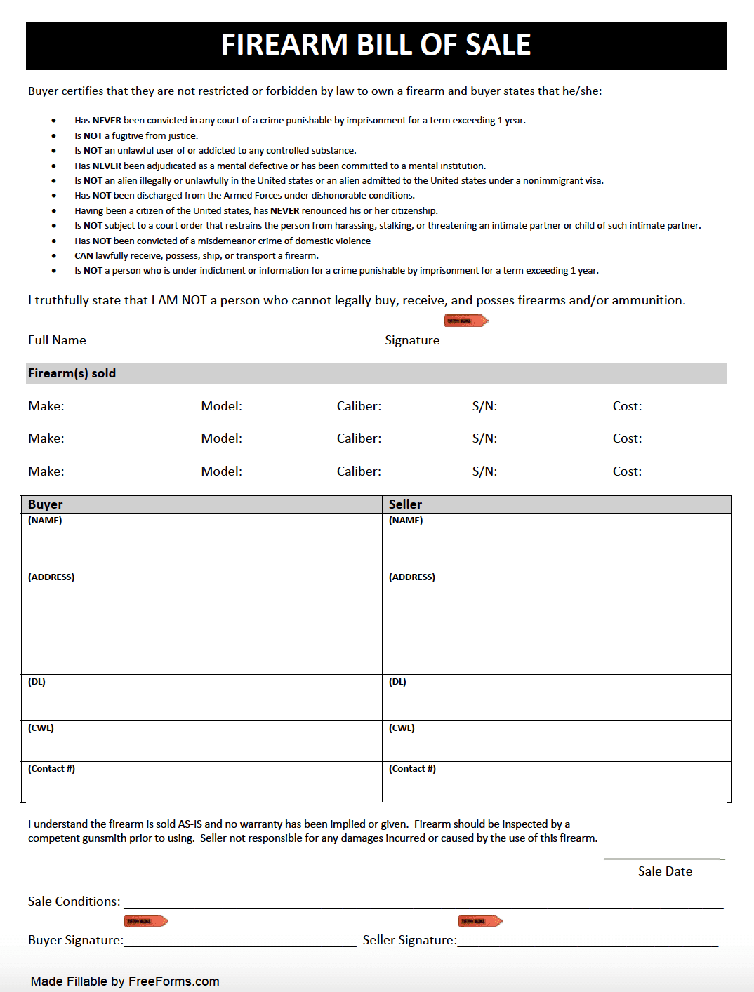 Free Texas Firearm Gun Bill Of Sale Form PDF