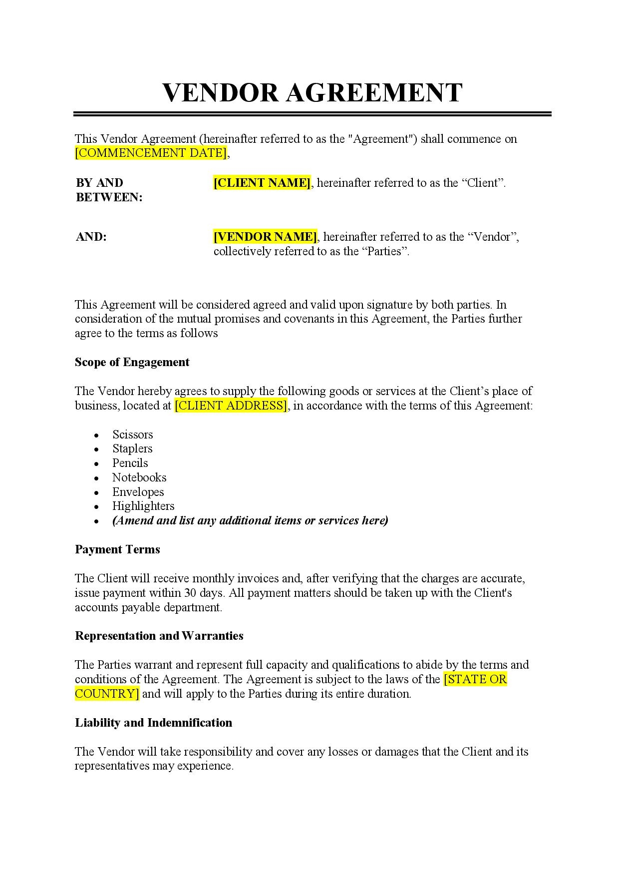 Free Vendor Agreement Template PDF Word Free Vendor Agreement Template PDF Word