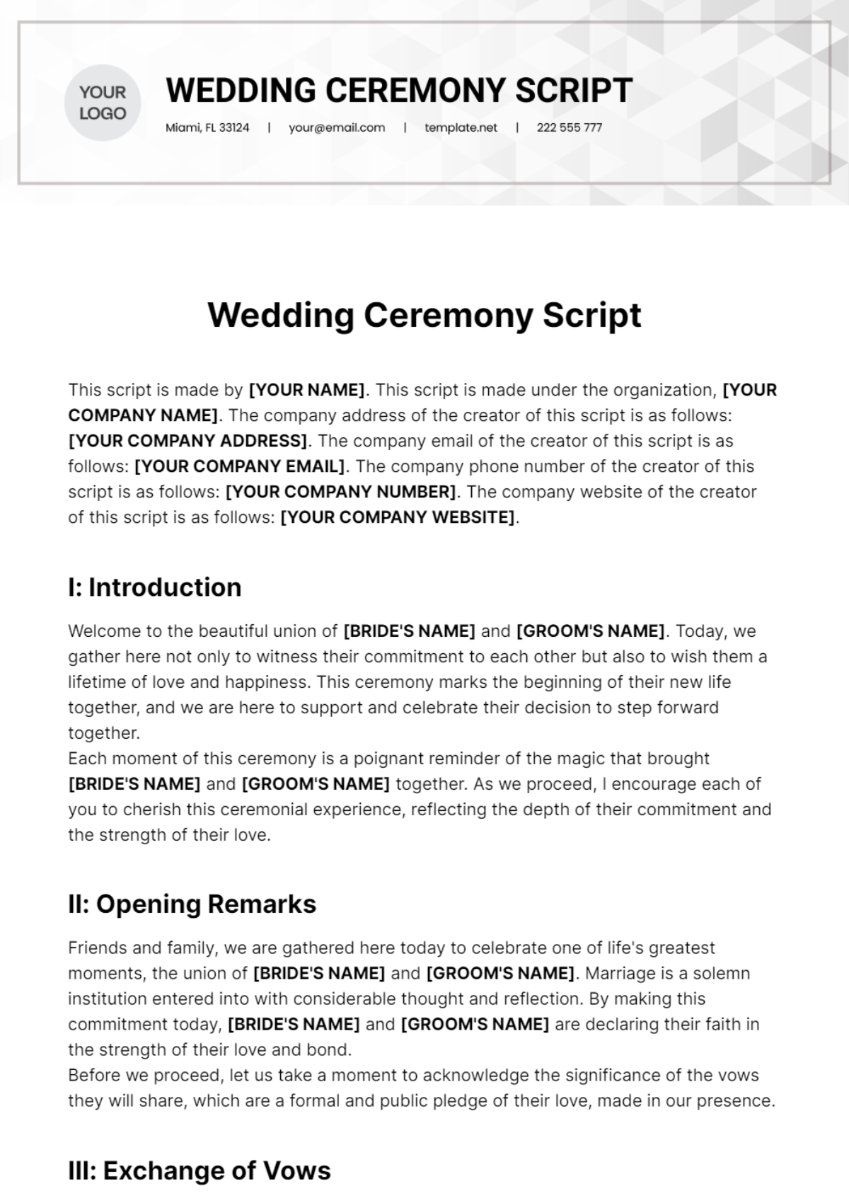 Free Wedding Ceremony Script Template To Edit Online Free Wedding Ceremony Script Template To Edit Online