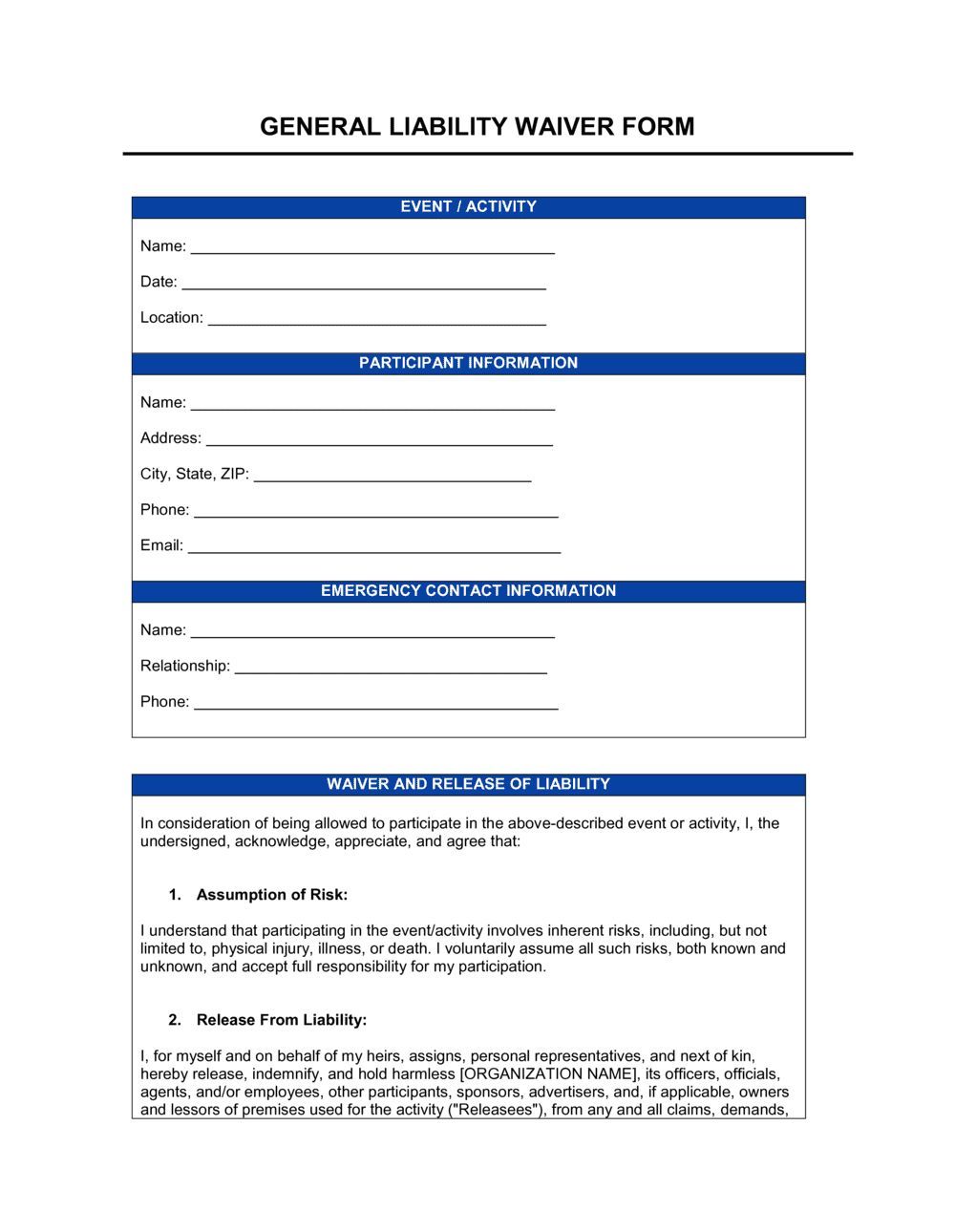General Liability Waiver Form Template Free Word PDF