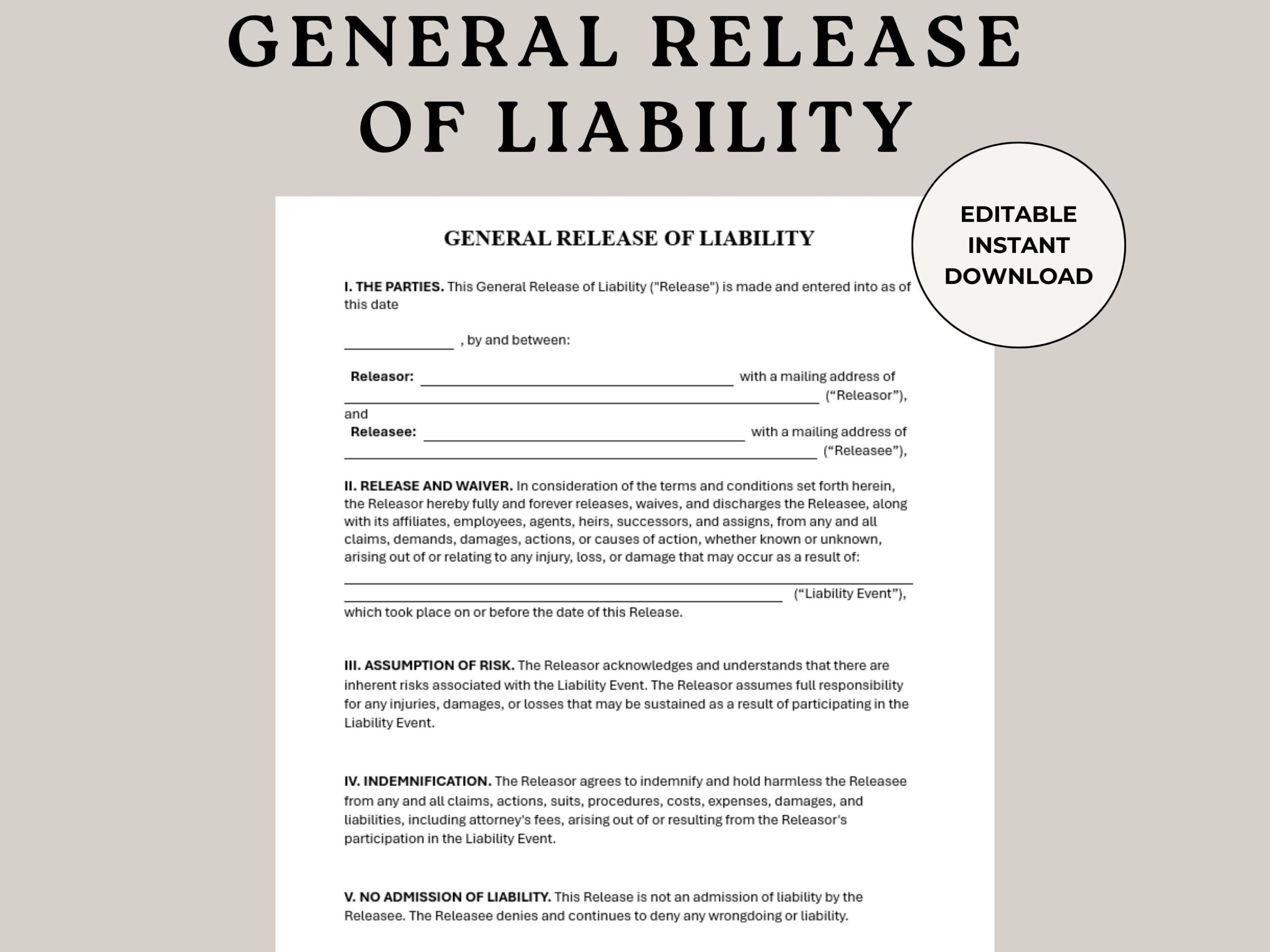 General Release Of Liability General Liability Hold Harmless Informed Consent Indemnity Waiver Liability Form Damage Waiver Form Etsy