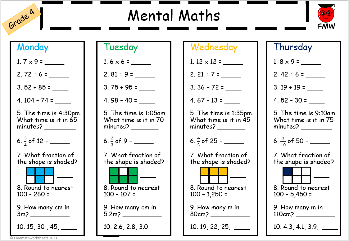 Grade 4 Mental Math Worksheets Free Worksheets Printables