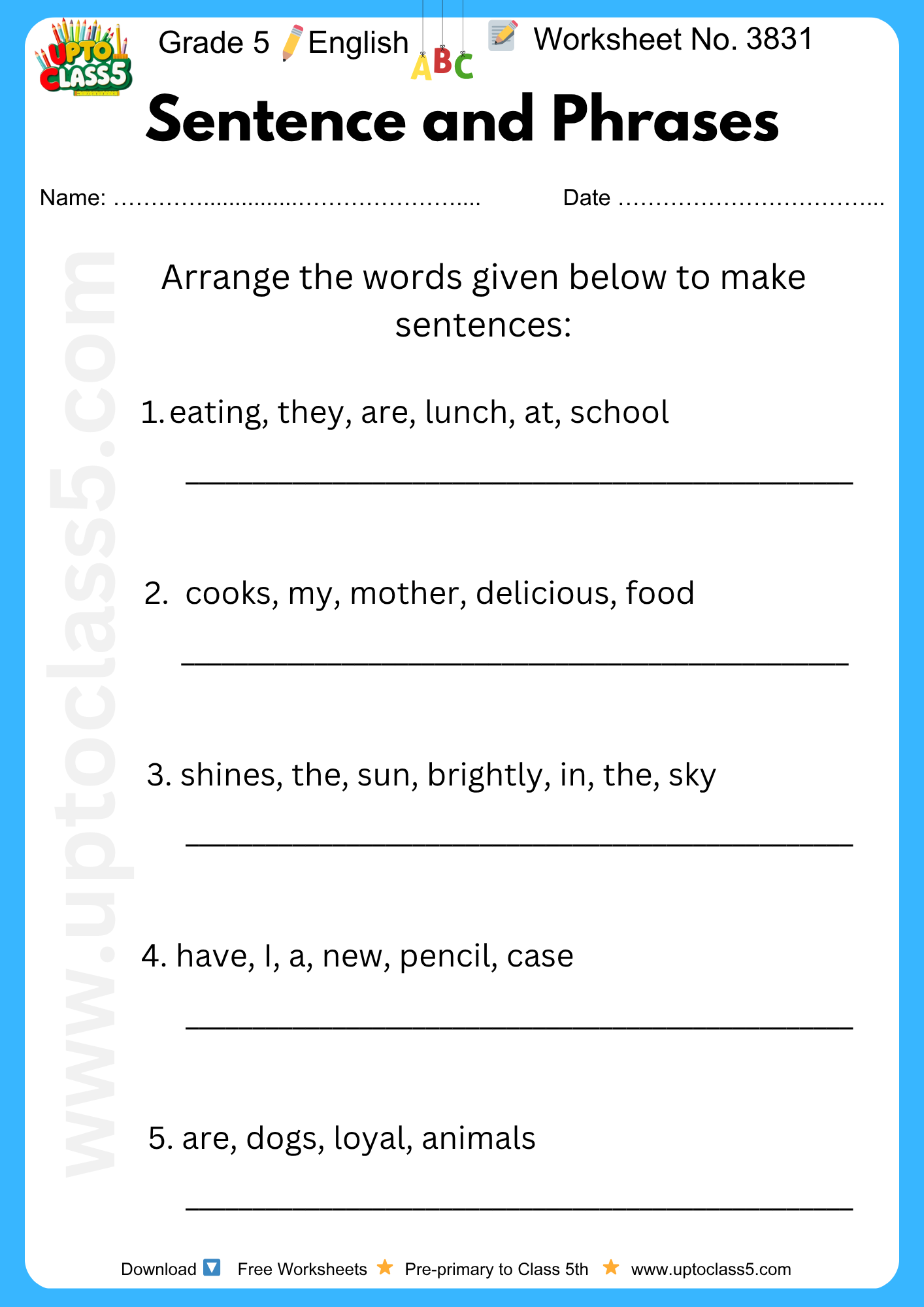 Grade 5 English Sentence And Phrases Worksheet No 3831 Upto Class 5
