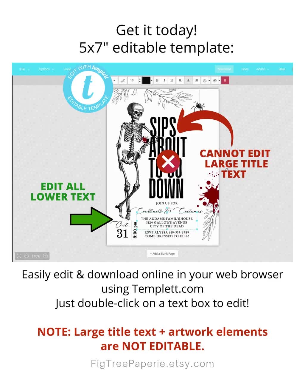 Halloween Party Invitation Adult Halloween Invite Skeleton Editable Instant Digital Download F141 Etsy