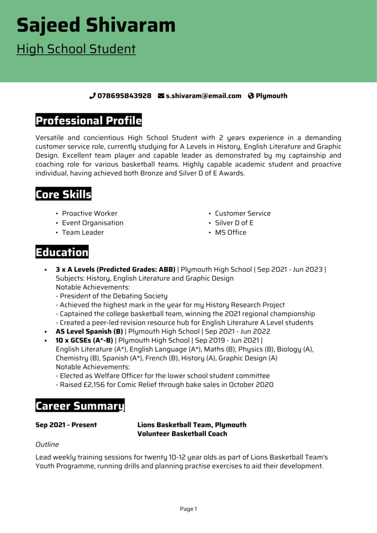 High School Student CV Example Guide Get Your First Job High School Student CV Example Guide Get Your First Job