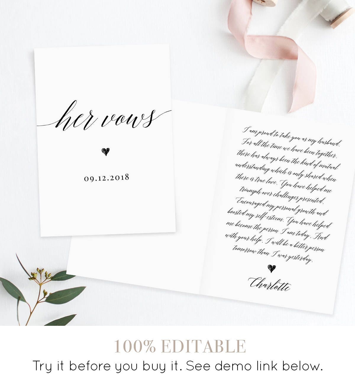 His And Her Wedding Vow Template Personalized Vow Booklet Custom Wedding Vows Printable 100 Editable 5x7 Folded Card Templett 034 WV Etsy