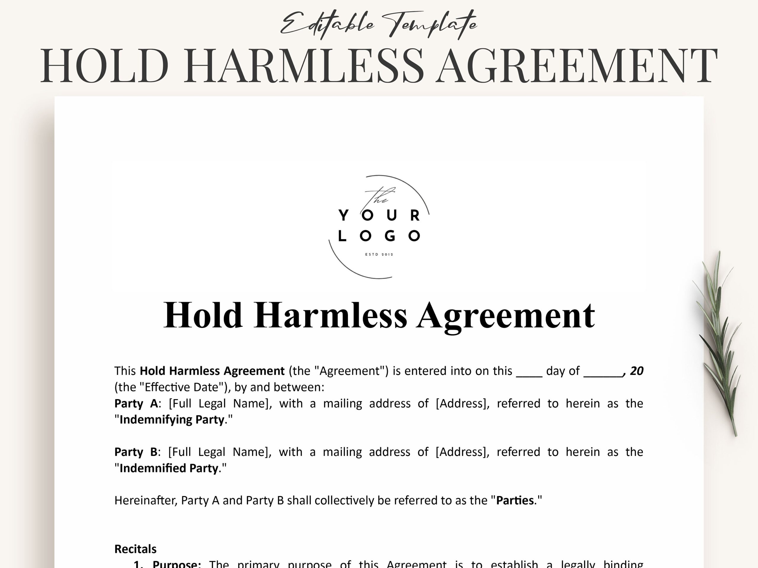 Hold Harmless Agreement Template Word PDF Equine Hold Garmless Contract Template Editable Etsy Israel