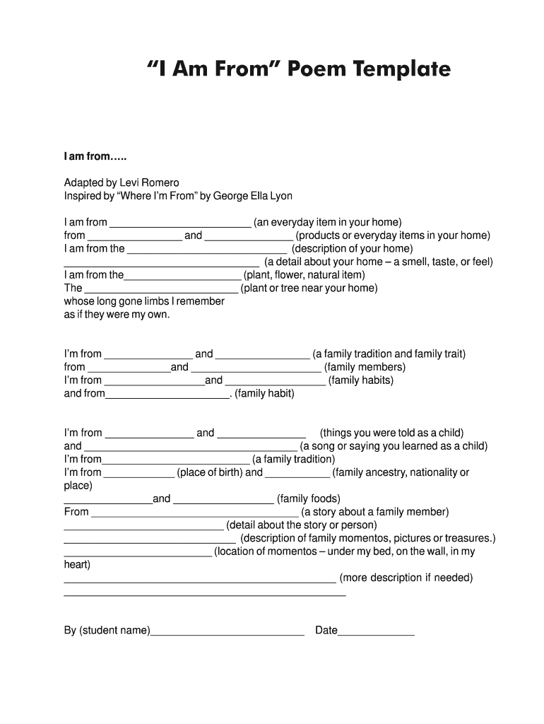 I Am From Poem Template Form Fill Online Printable Fillable Blank PdfFiller