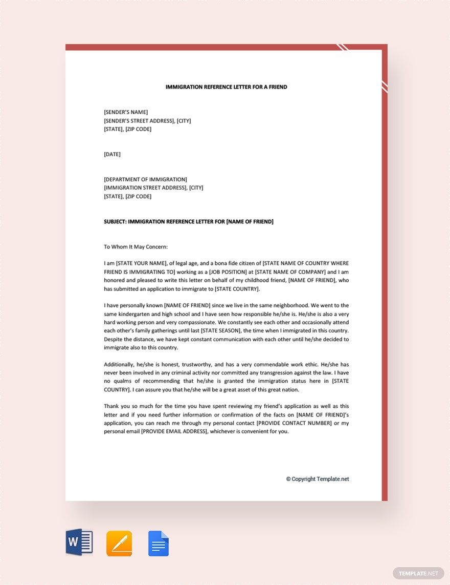 Immigration Reference Letter For A Friend In Pages PDF Word Google Docs Download Template