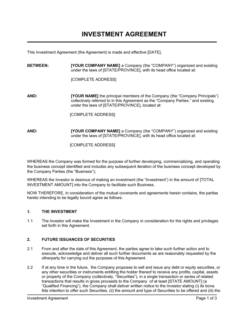 Investment Agreement Template Free Word PDF