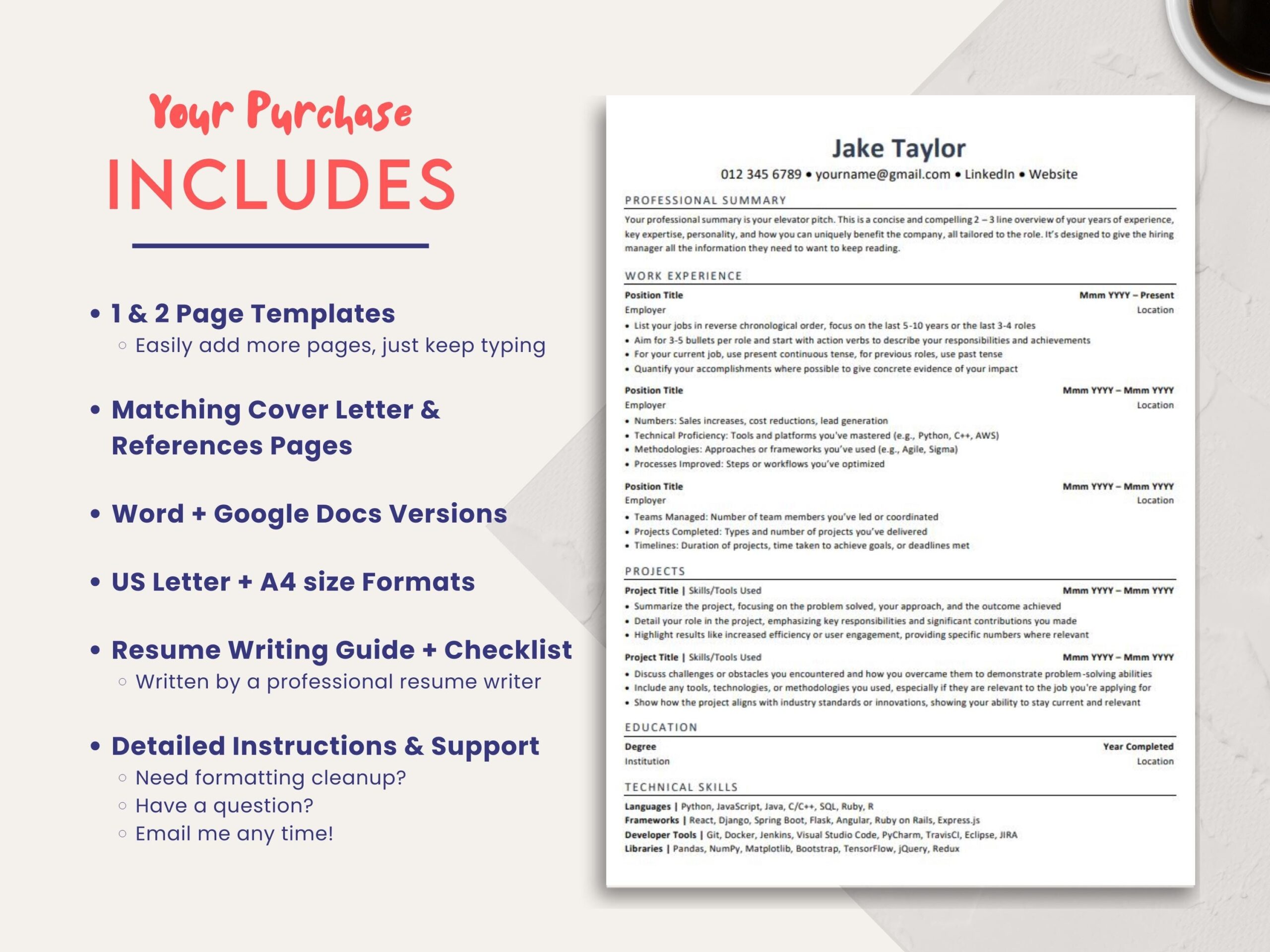 Jake s Resume Word DOCX Google Docs Template IT Tech Software Developer Engineer Resume Instant Download Simple Modern ATS Friendly Etsy Israel