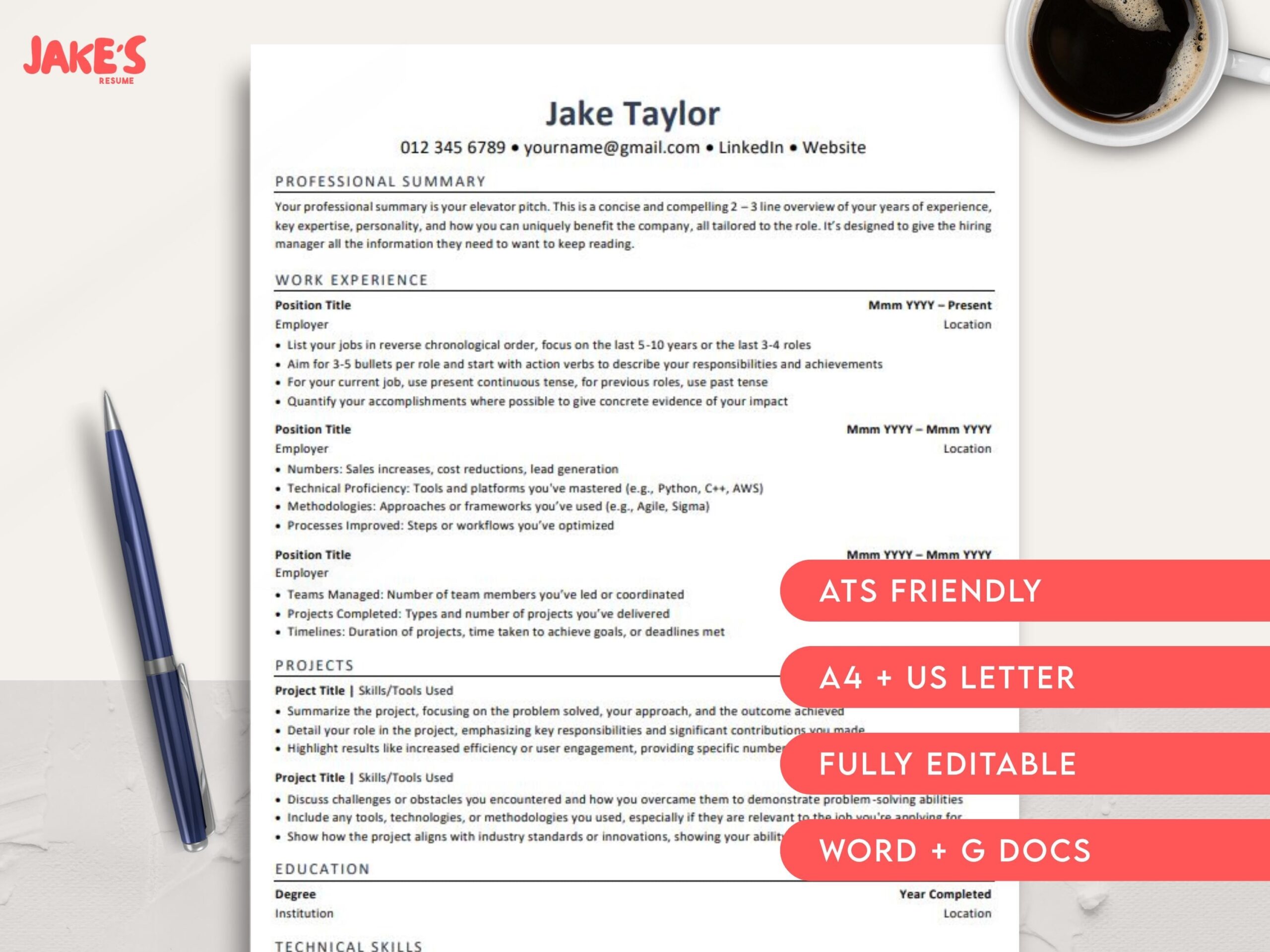 Jake s Resume Word DOCX Google Docs Template IT Tech Software Developer Engineer Resume Instant Download Simple Modern ATS Friendly Etsy Israel