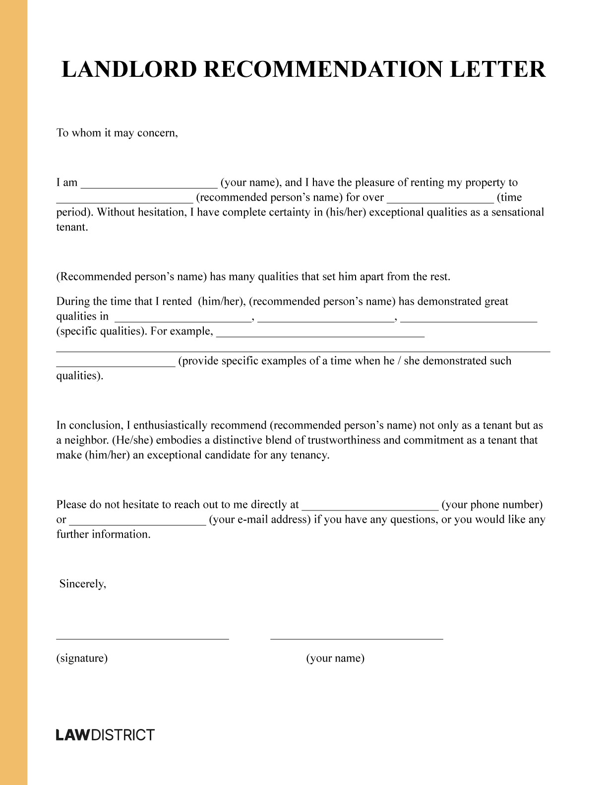 Landlord Recommendation Letter Template Sample Printable PDF Lawdistrict