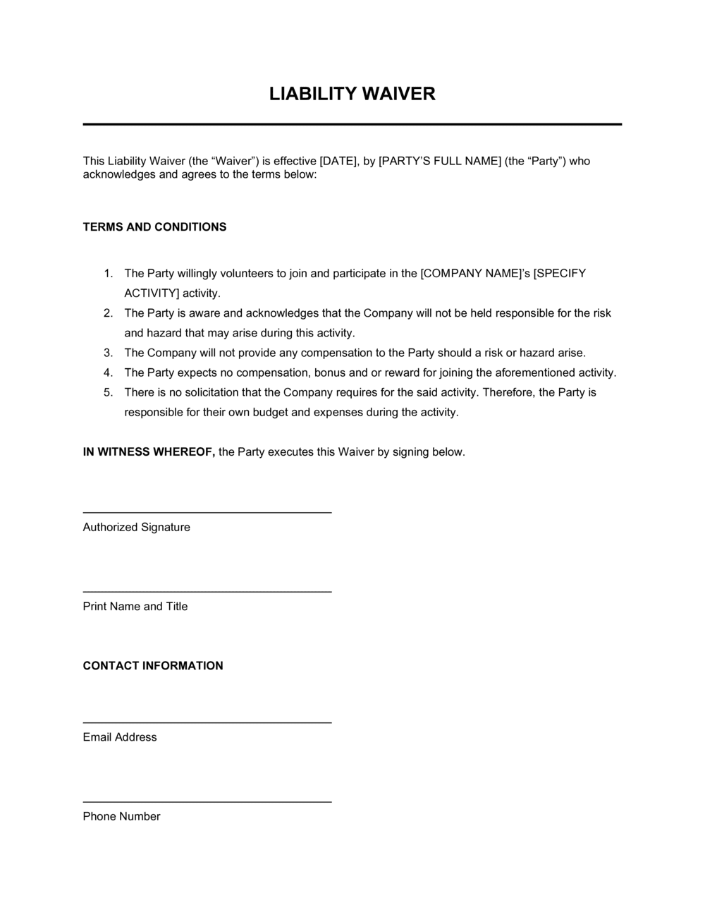 Liability Waiver Template Free Word PDF