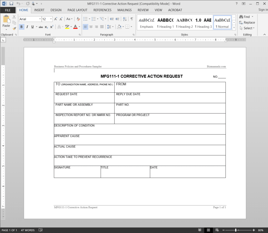 Manufacturing Corrective Action Request Template Word