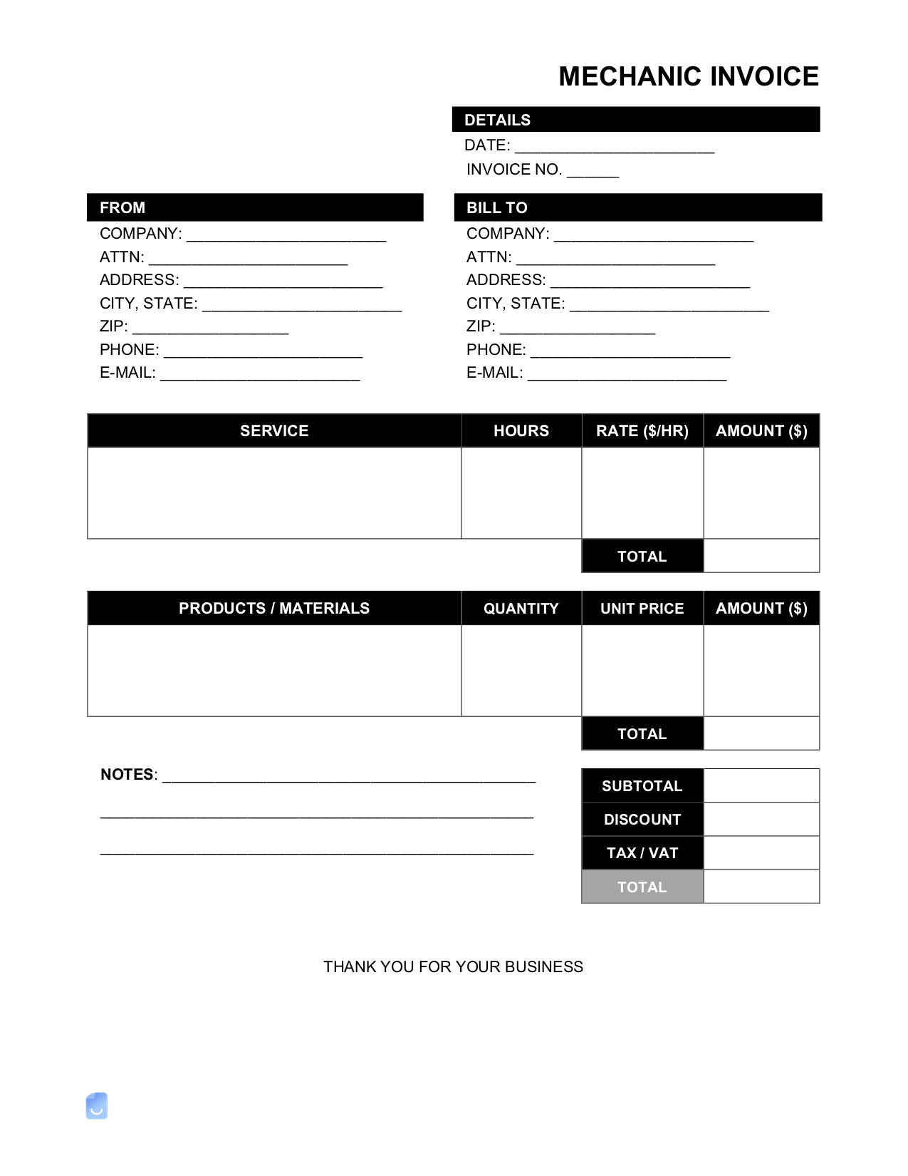 mechanic invoice template