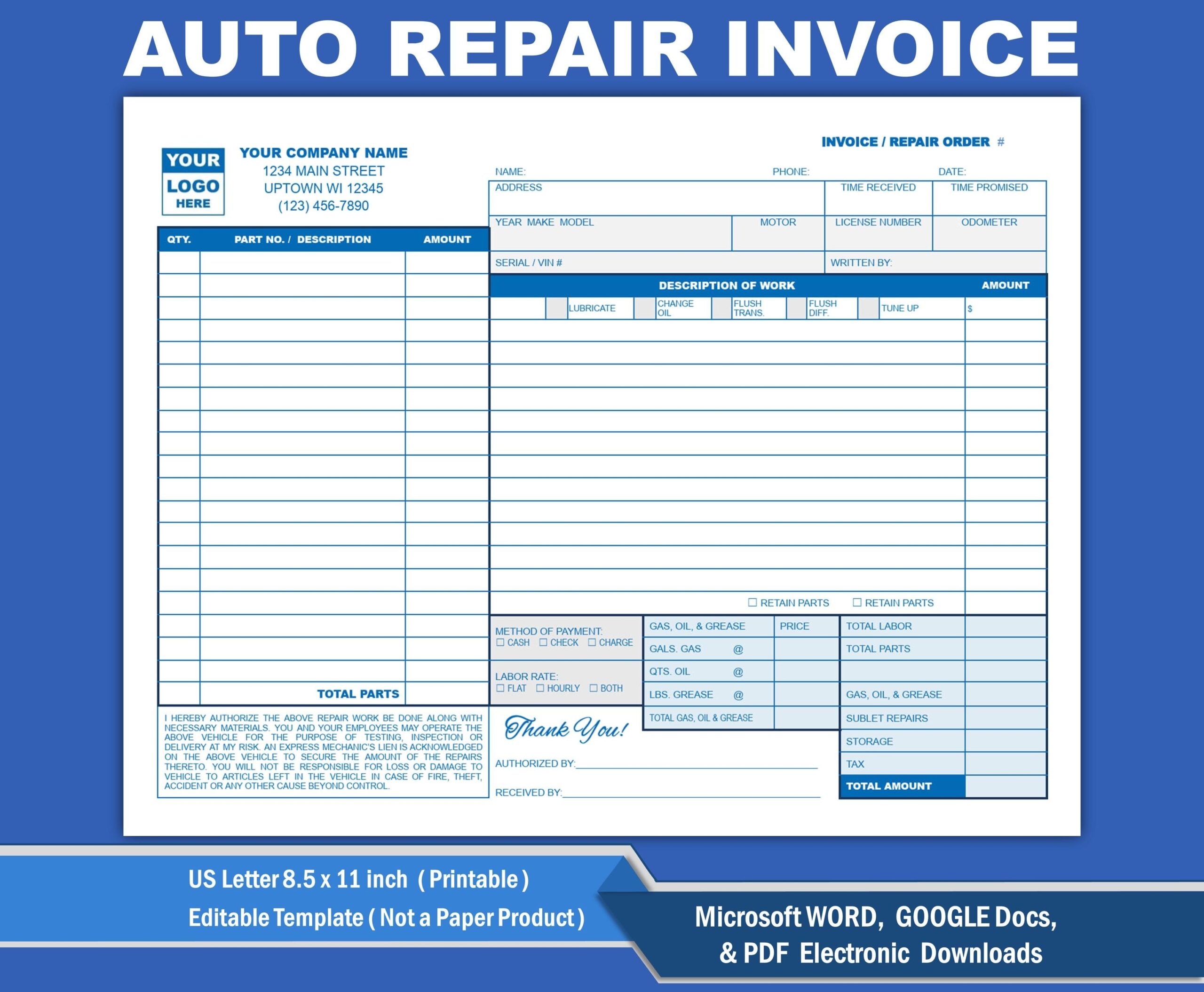 vehicle repair invoice template