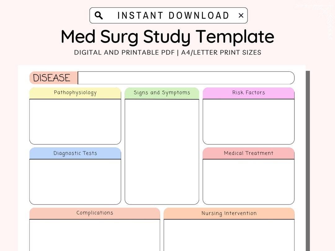 Med Surg Study Template Printable Pathophysiology Template Medical Surgical Nursing Disease Process Template Concept Map A4 letter PDF Etsy