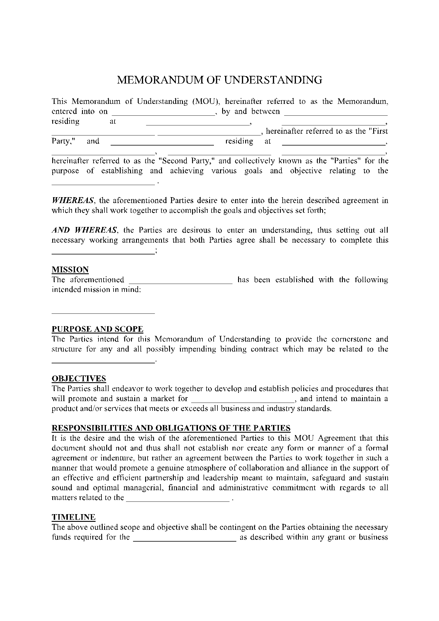 Memorandum Of Understanding Template Get Free Sample