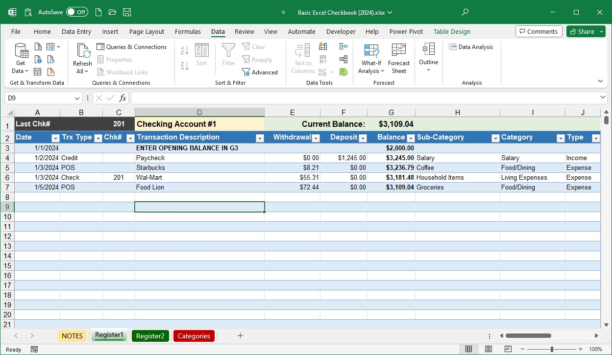 Microsoft Excel Checkbook Register Basic Version Excel Checkbook