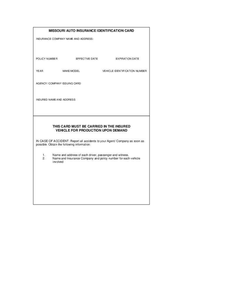 MO Auto Insurance Identification Card Form Fill Online Printable Fillable Blank PdfFiller