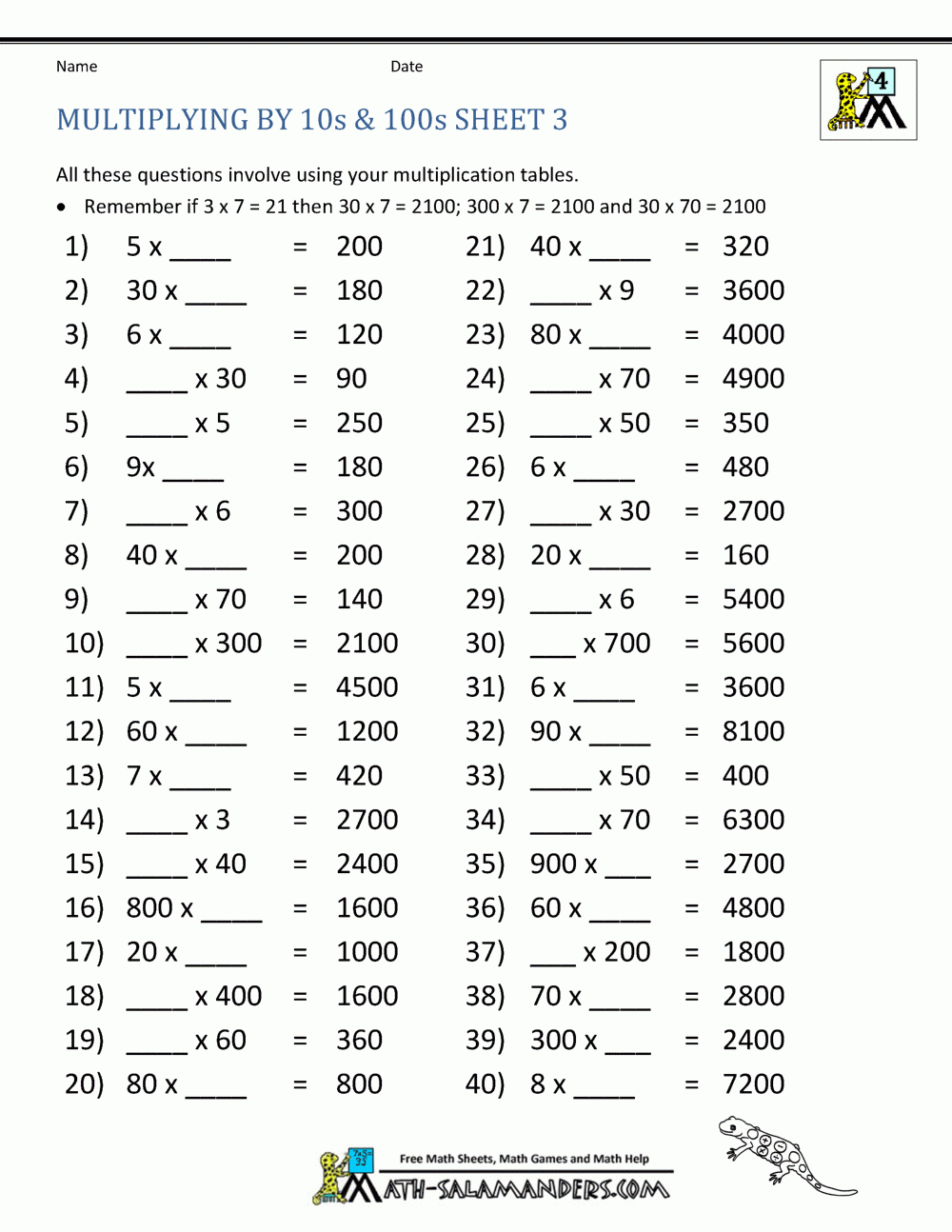 Multiplying By Multiples Of 10