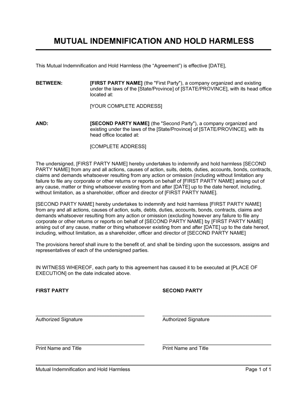 Mutual Indemnification And Hold Harmless Agreement Template Free Word PDF