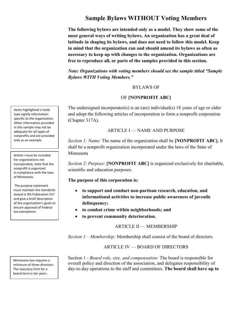 non profit bylaws template