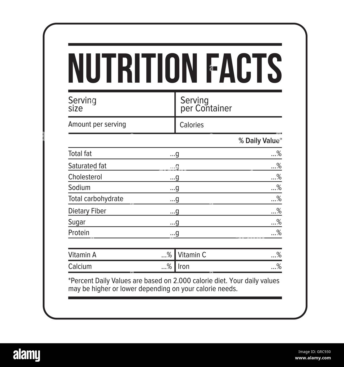 Nutrition Facts Label Template Vector Stock Vector Image Art Alamy